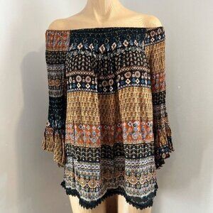 Zola Earthly Fashions Boho Off Shoulder Floral Blouse Top Bell Sleeve Size Small
